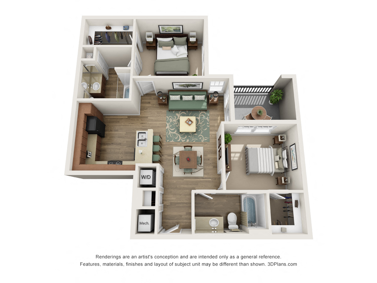 Floor plan for 2 beds, 2 baths, 965 sqft